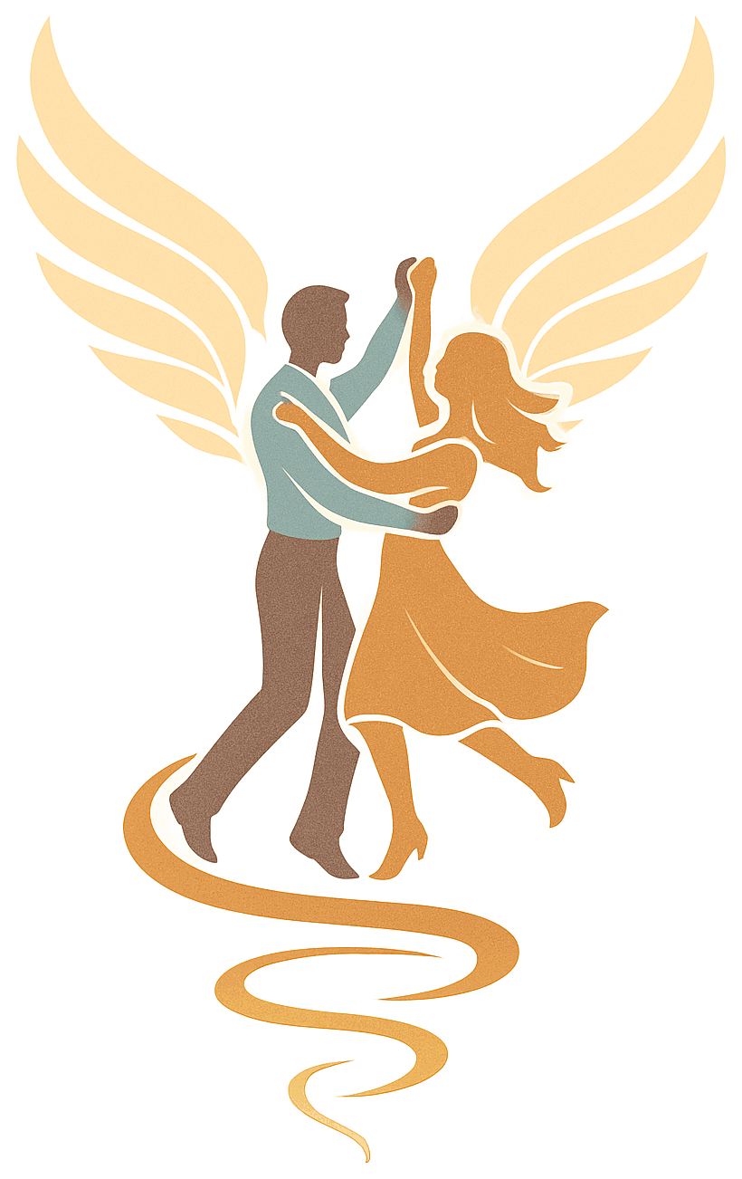 翼を広げて踊る男女を描いた、輝河ダンス&リリースラボの象徴的なイラスト