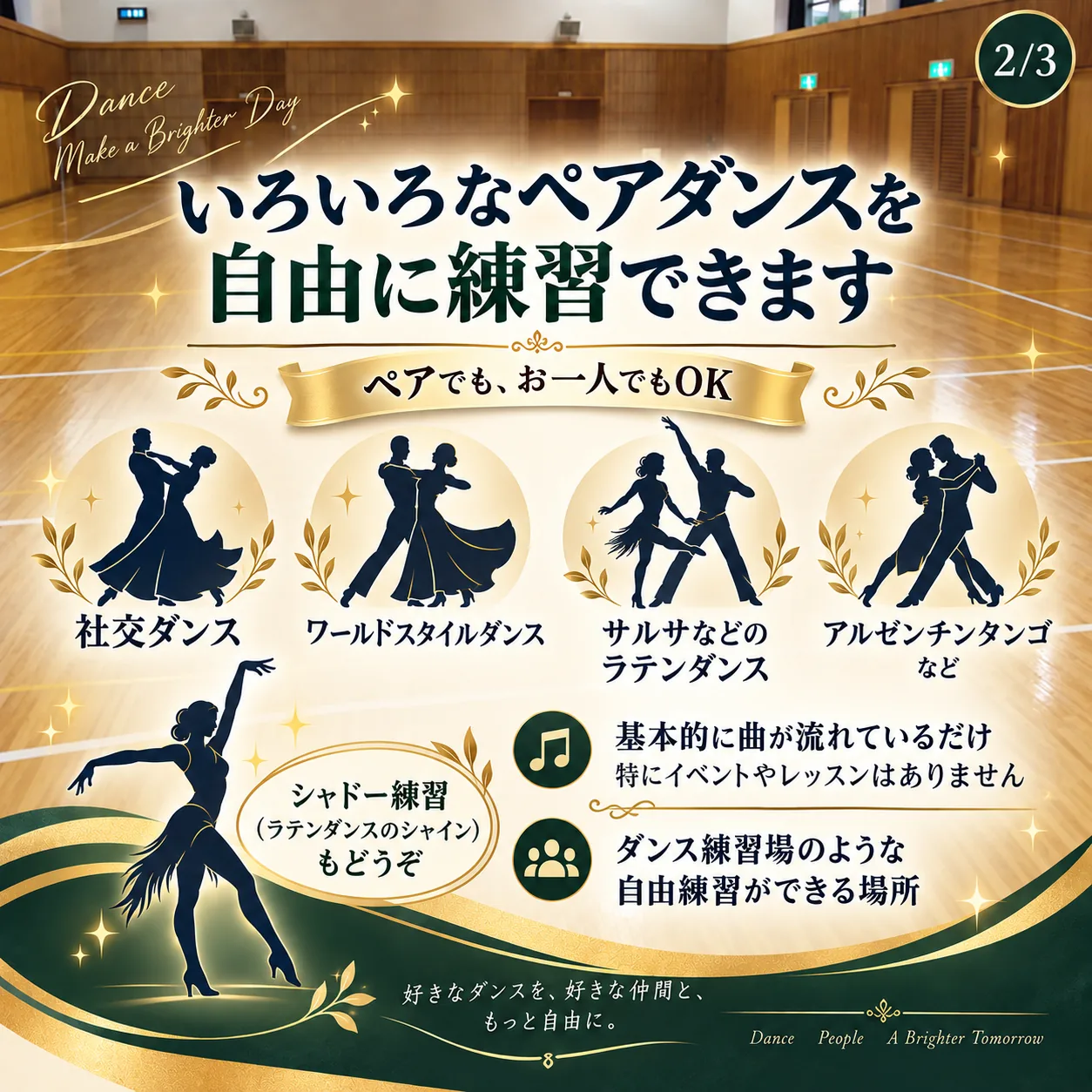 練習できるペアダンスの種類を紹介した画像